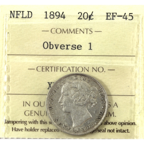 Newfoundland 20-cent 1894 Obv 1 ICCS EF45