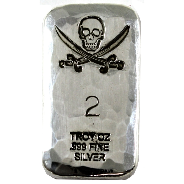 2oz Rocky Shore Silver Co. Hammered Bar w/ Skull & Swords .999 Fine Silver (Tax Exempt)