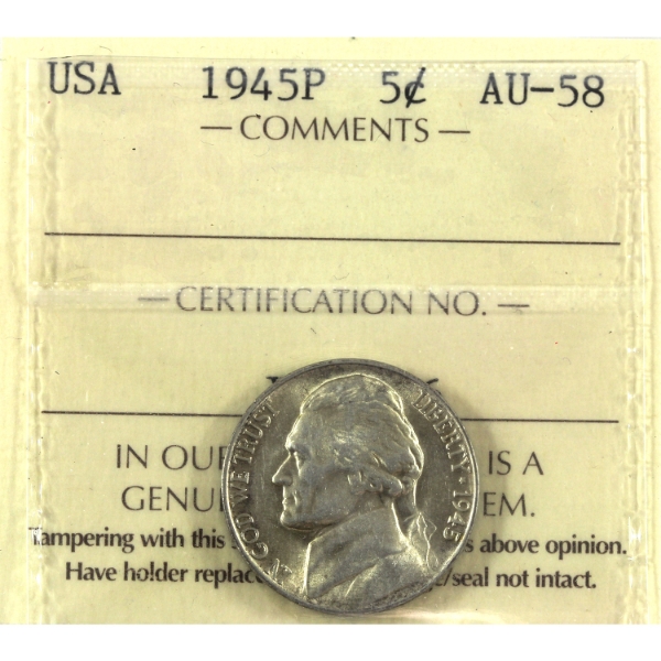 USA 1945P Jefferson Nickel ICCS AU58