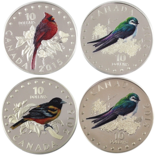2015 $10 Colourful Songbirds 1/2oz .9999 Fine Silver Coins w/ Selective Colour. 4pcs. (Tax Exempt)