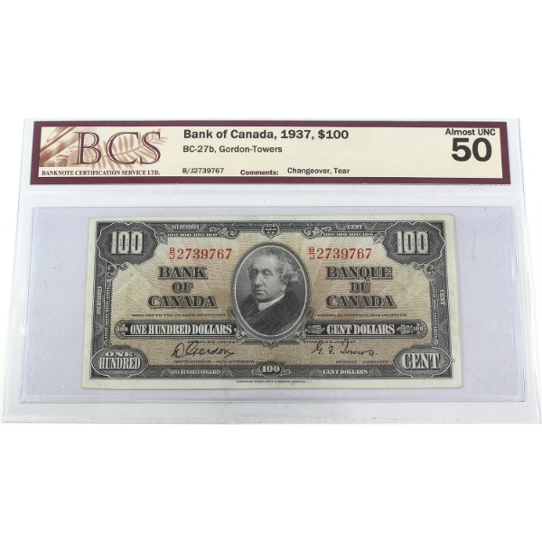 BC-27b 1937 $100 BCS AU50 Gordon-Towers Changeover SN: B/J2739767