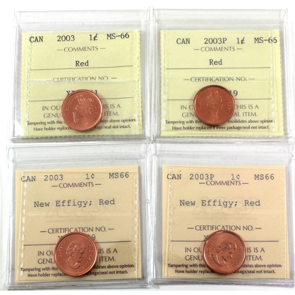 1-cent 2003 All 4 x Varieties ICCS MS66 Red. 4pcs.