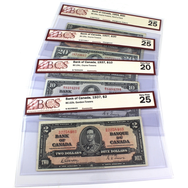 4x Group Lot of 1937-1954 $2 to $50 BCS VF20 to VF25. 4pcs.