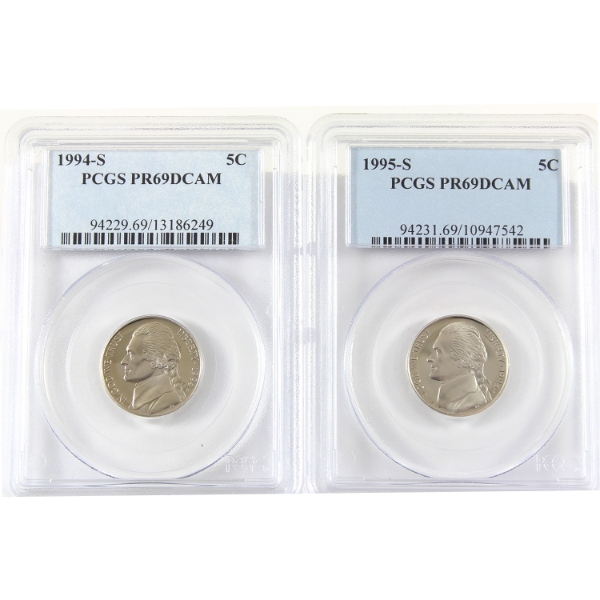USA 1994S & 1995S Jefferson Nickels PCGS PR69 Deep Cameo. 2pcs.