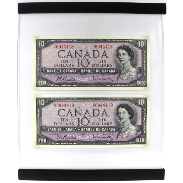 BC-40b 1954 $10 Consecutive UNC Beattie-Rasminsky SN: J/V6044418-"19 Held in Acrylic Display Board