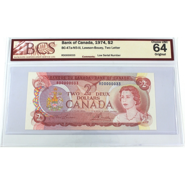 BC-47a-N5-iii 1974 $2 Low Serial # RD0000033 BCS CUNC64 Original Lawson-Bouey Two Letter