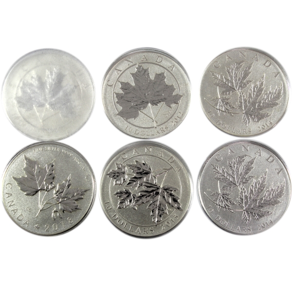 Group Lot of 2012-2018 $10 1/2oz Maple Leaf .9999 Fine Silver Coins. 6pcs. (Tax Exempt)