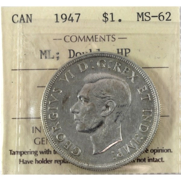 Silver $1 1947 Maple Leaf; Dbl HP ICCS MS62