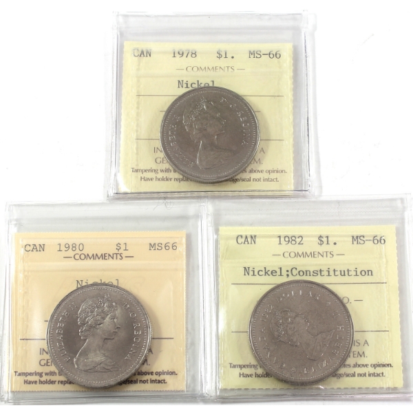 3x Nickel $1 1978, 1980, & 1982 Constitution ICCS MS66. 3pcs.