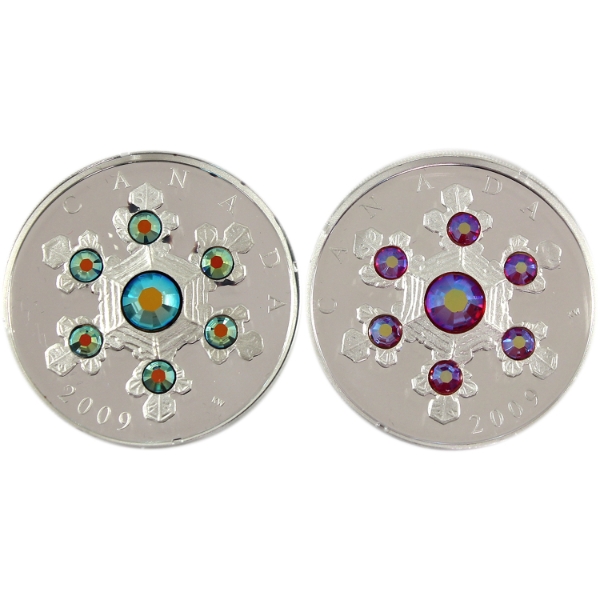 2009 $20 Pink & Blue Crystal Snowflake 1oz .9999 Fine Silver w/ Swarovski Elements. 2pcs 