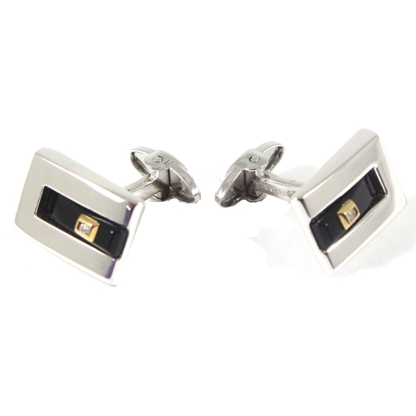 Pair of Sterling Silver Plated Bold Elegant Cufflinks w/ Black Stone & 14k Gold Accent