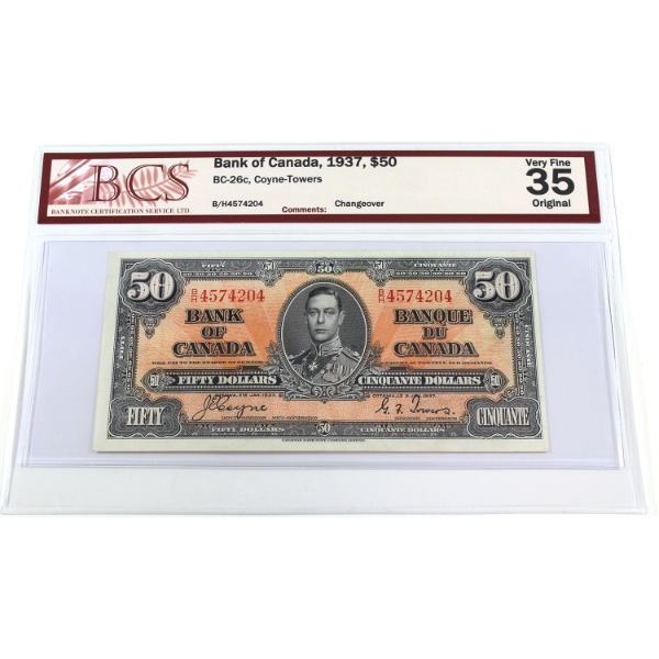 BC-26c 1937 $50 BCS VF35 Original Coyne-Towers Changeover SN: B/H4574204
