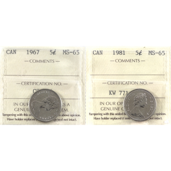 5-cent 1967 & 1981 ICCS MS65. 2pcs