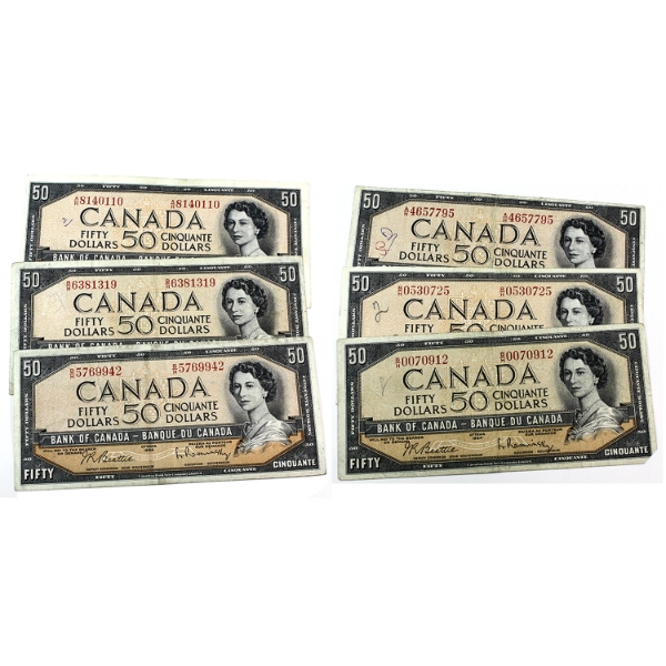 BC-42a & BC-42b 1954 $50 Banknotes. 6pcs