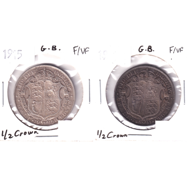 Group Lot of Great Britain Silver 1911 & 1915 1/2 Crown F-VF. 2pcs.