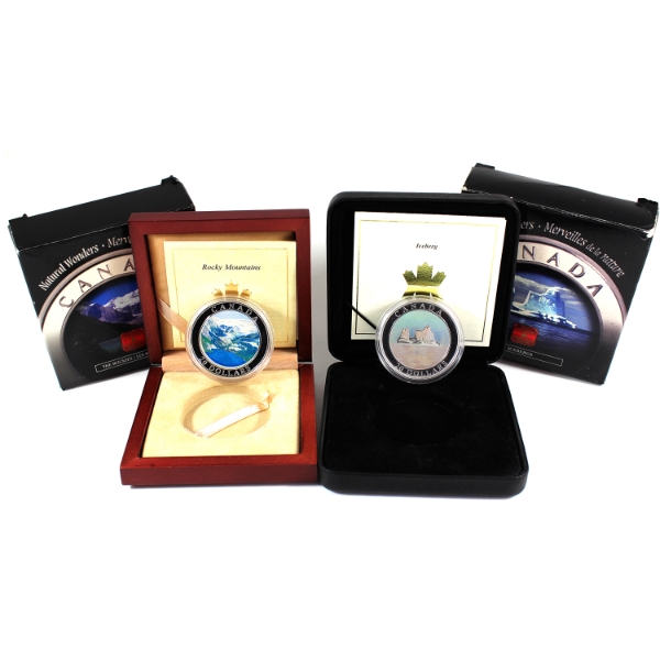 2003 Canadian Rockies & 2004 Iceberg $20 Natural Wonders Hologram 1oz Fine Silver Coins. 2pcs