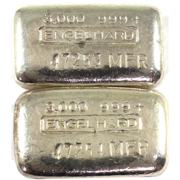 2x 3oz Engelhard c.1970s 5th Series "MFR" Designation .999+ Silver Bars. 2pcs *Consecutive Pair 2/2*