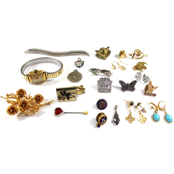 Bulk Lot of Costume Jewellery Earrings, Brooches, Pins, Pendants, & a Watch. 30pcs.