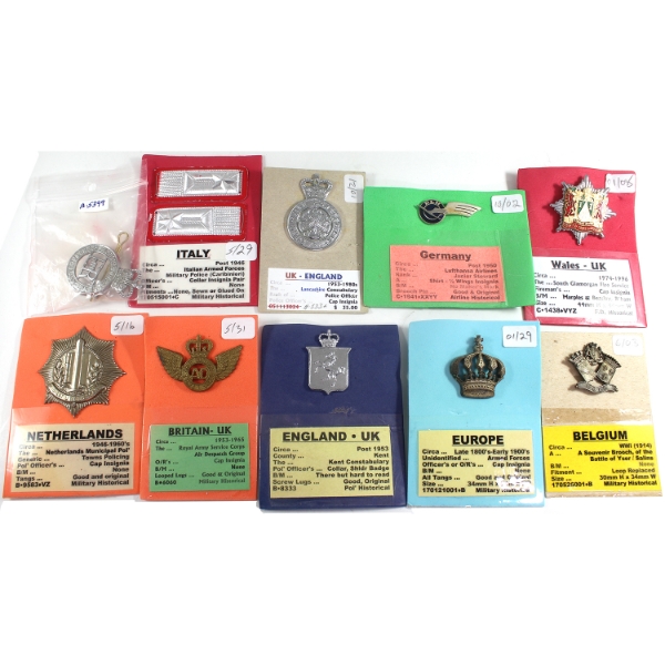 Group Lot of 10x World Military/Police Force Lapel Pins, Cap Badges, & Pins. 10pcs.