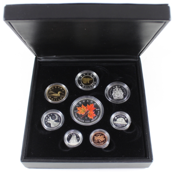 2001 8-Piece Premium Proof Set w/ $5 Red .9999 Fine Silver Maple Leaf Coin