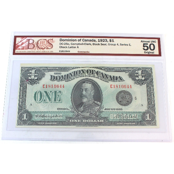 DC-25o 1923 $1 BCS AU50 Original Campbell-Clark Black Seal Group 4 Series E Check Letter A