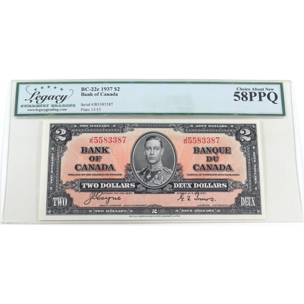 BC-22c 1937 $2 Legacy Choice AU58 PPQ Coyne-Towers SN: J/R5583387