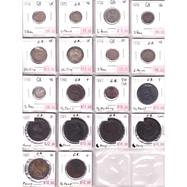 Bulk Collection of Great Britain 1797-1926 Mixed Denomination G to EF in 20-Pocket Sheet. 18pcs.