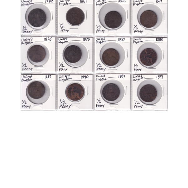 Bulk Lot of Great Britain 1740-1962 Half Pennies in 12 & 20-Pocket Sheets. 72pcs.