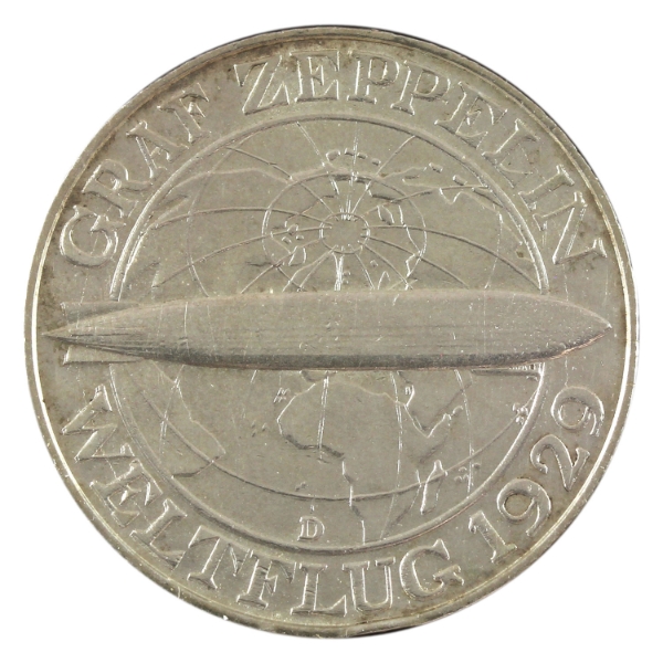 Germany-Weimar Republic Silver 1930O 3 Reichsmark Zeppelin AU-UNC