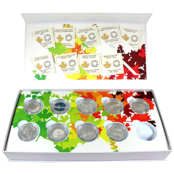 2014 O Canada $10 Coin Set with Deluxe Box 1/2oz .9999 fine silver. 9pcs (Tax Exempt)