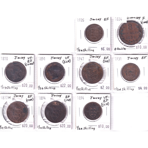 Lot of 8x Jersey & 1x Guernsey 1834-1947 Mixed Denomination Coins. 9pcs