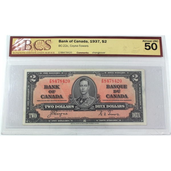 BC-22c 1937 $2 BCS AU50 Coyne-Towers Changeover SN: Z/B8478420