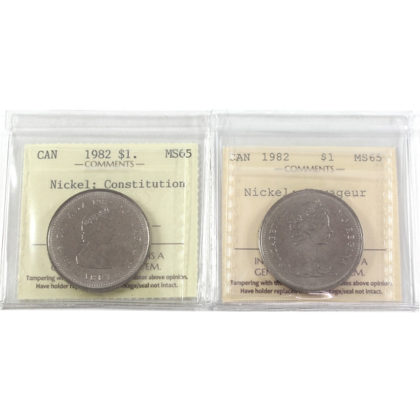 Nickel $1 1982 Voyageur & Constitution ICCS MS65. 2pcs.