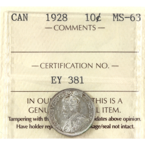 10-cent 1928 ICCS MS63