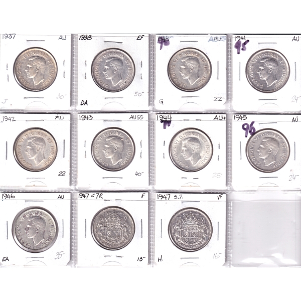 Lot of 11x 50-cent 1937-1947 Approximately Fine to AU in Plastic Sheet. 11pcs