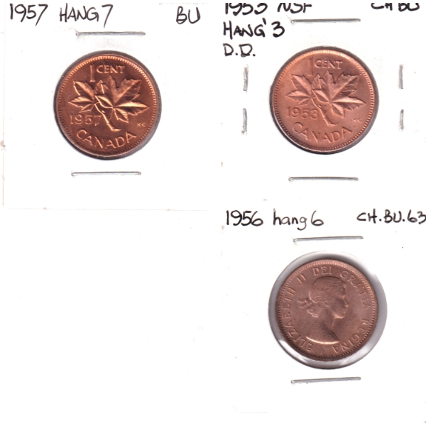 1-cent 1953-1957 Hanging Varieties BU to Choice BU. 3pcs.