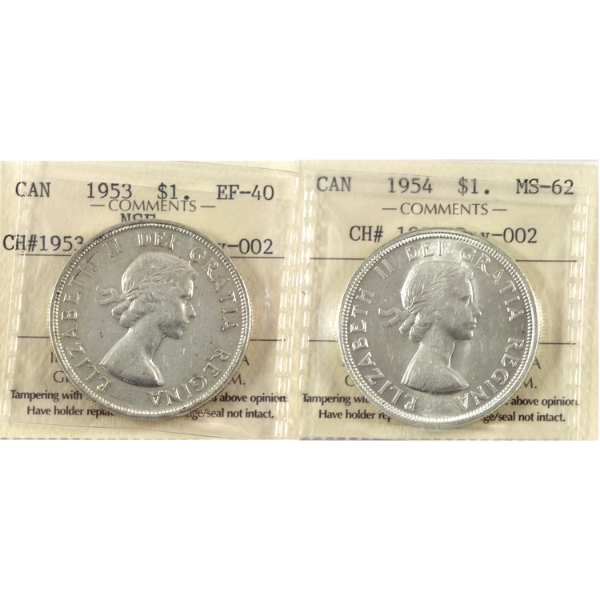 Silver $1 1953 NSF SWL EF40 & 1954 SWL MS62 ICCS Certified. 2pcs.
