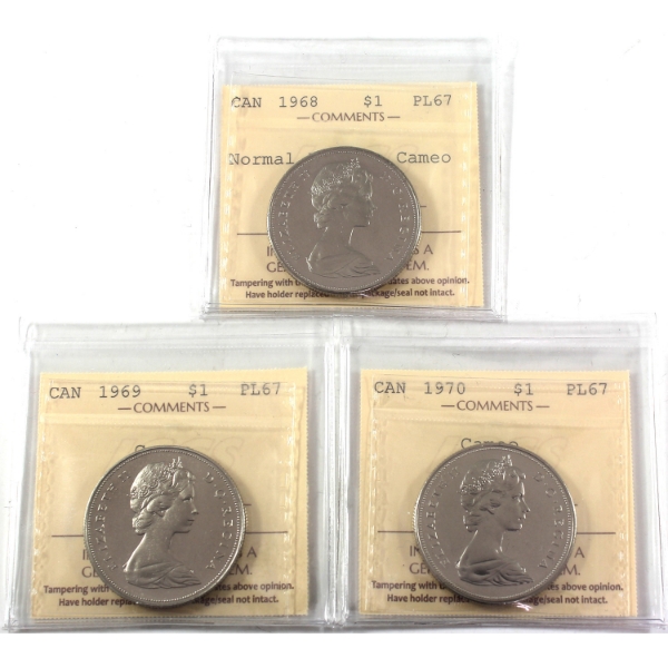3x Nickel $1 1968 Normal Island, 1969, & 1970 ICCS PL67 Cameo. 3pcs.