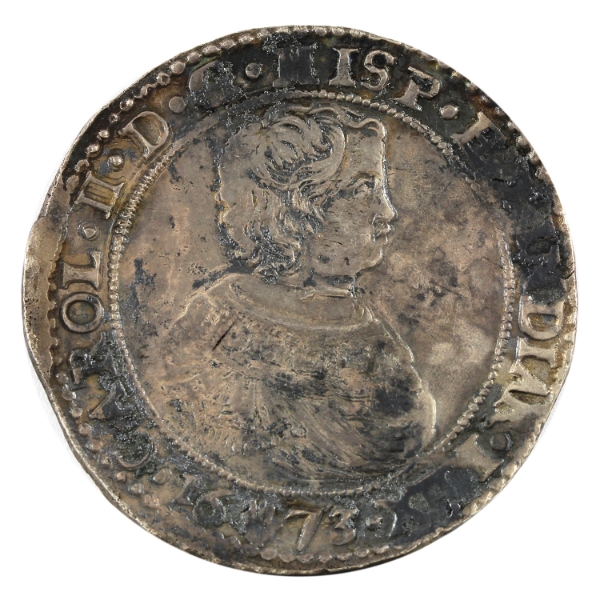 Spanish Netherlands - Brabant Silver 1673 Ducaton EF-AU (Fire Damage)