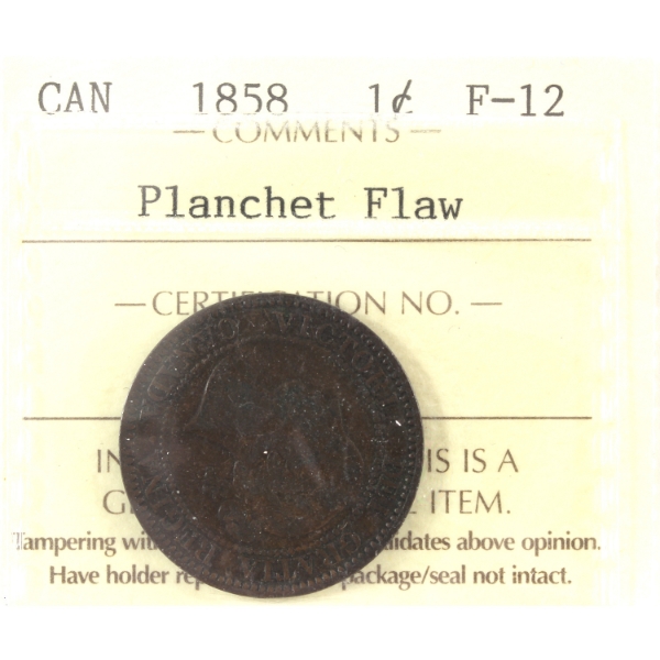 ERROR 1-cent 1858 Planchet Flaw Ghost 5 ICCS F12