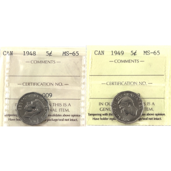 5-cent 1948 & 1949 ICCS MS65. 2pcs