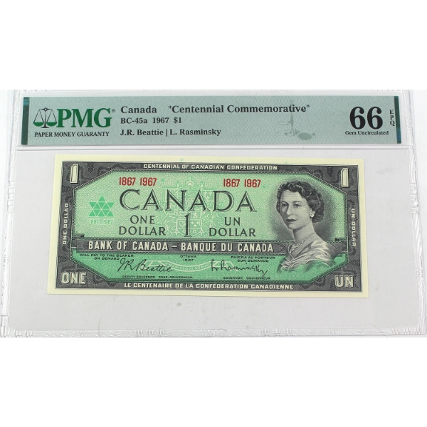 BC-45a 1967 $1 Centennial Commemorative PMG GEM UNC66 EPQ Beattie-Rasminsky
