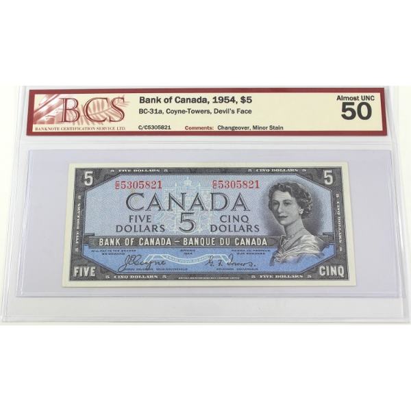 BC-31a 1954 $5 Devil's Face BCS AU50 Coyne-Towers Changeover SN: C/C5305821