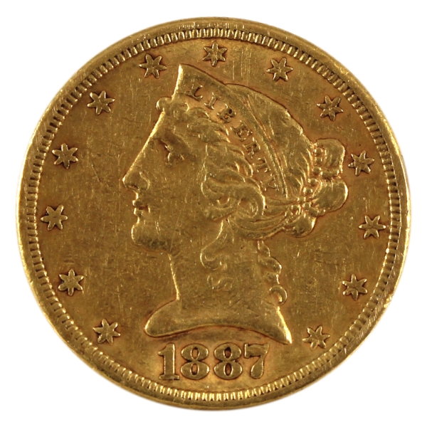 USA Gold 1887-S $5 Liberty Head Half Eagle EF-AU