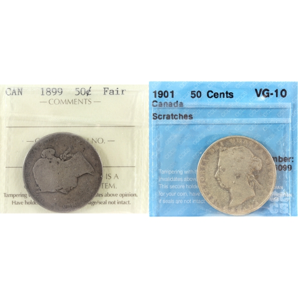 50-cent 1889 ICCS Fair & 1901 CCCS VG10. 2pcs.