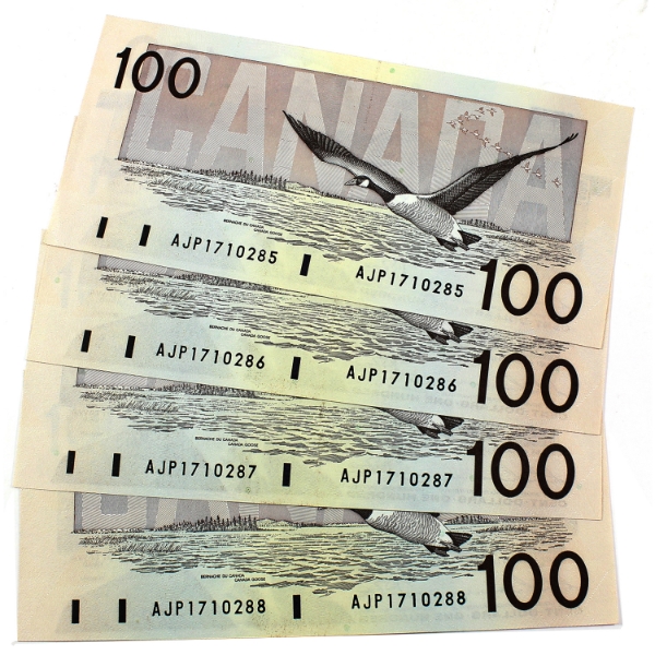 BC-60a 1988 $100 Consecutive # Thiessen-Crow SN: AJP1710285-"88. 4pcs.