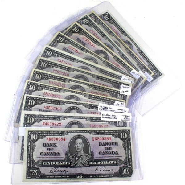 Bulk Lot of 1937 $10 Banknotes. 12pcs.