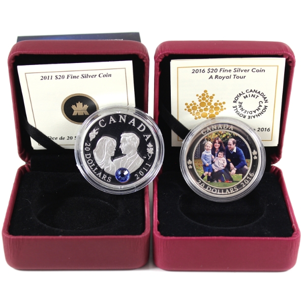 Group Lot of 2011 & 2016 $20 Duke & Duchess of Cambridge .9999 Fine Silver Coins. (Tax Exempt) 2pcs.