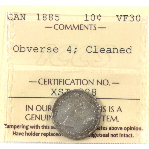 10-cent 1885 Obverse 4 ICCS VF30 (Lightly Cleaned)