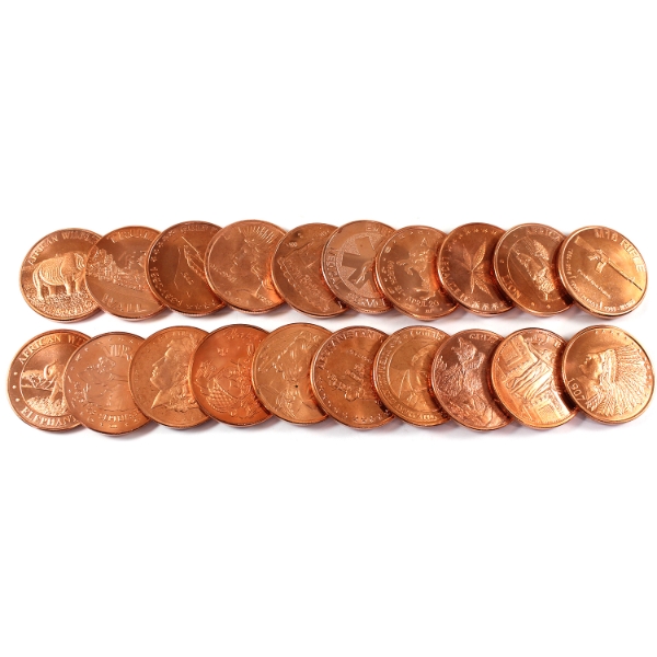 1oz Assorted .999 Fine Copper Rounds. 20pcs.
